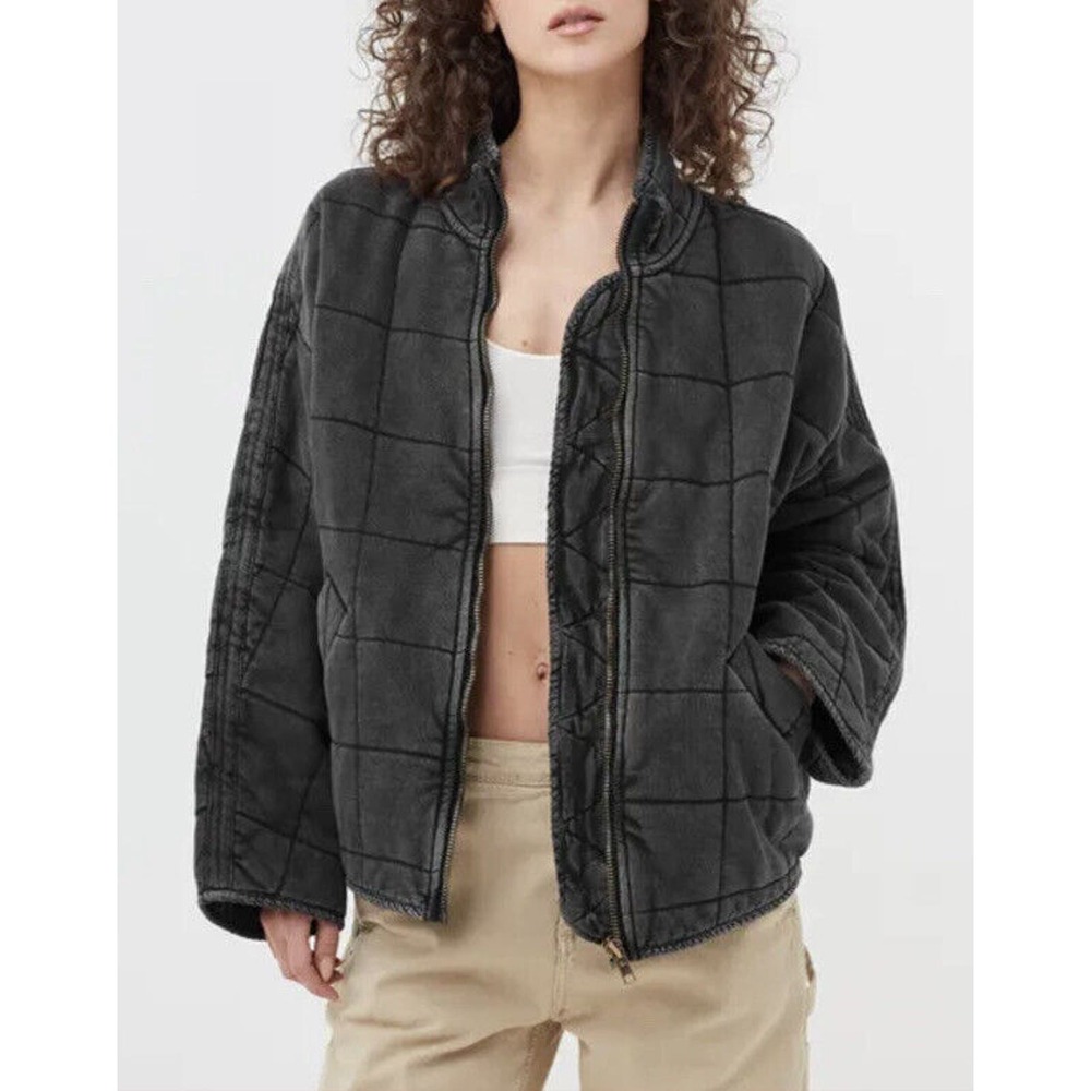 Free People Jacket Size L Dolman Mid Length Quilted Knit Full Zip Black New